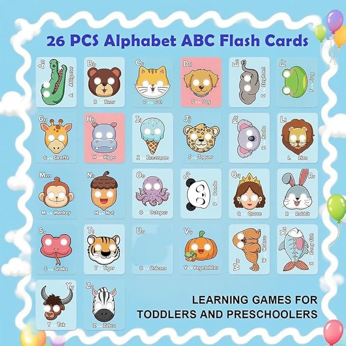 26 PCS Alphabet ABC Flash Cards with Animal Masks, Alphabet mask Cards, Giant Letter ABC Animal Faces Flash Learning Flashcards, Interactive Education Games, Learn Letters (Multicolor, 2Pcs)-CubbioJoy