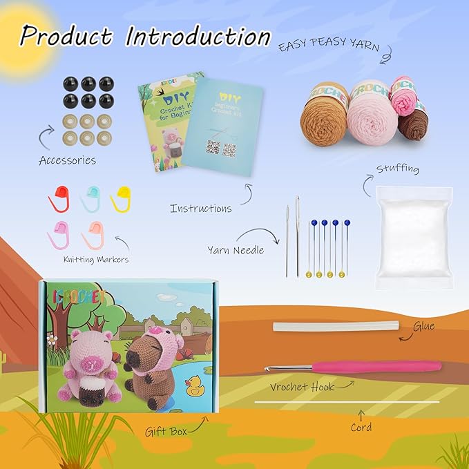 Crochet Kit for Beginners,Beginner Crocheting Animals Kits w Step-by-Step Video Tutorials, Knitting Starter Pack for Adults and Kids,2 Pack Capybara-CubbioJoy