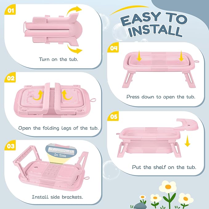 Collapsible Baby Bathtub,Baby Bath Tub with Thermometer & Soft Cushion,Baby Bathtub for Newborn to Toddler 0-36 Months,Portable Travel Baby Tub with No-Slip Feet,Baby Shower Gifts,Pure Pink-CubbioJoy