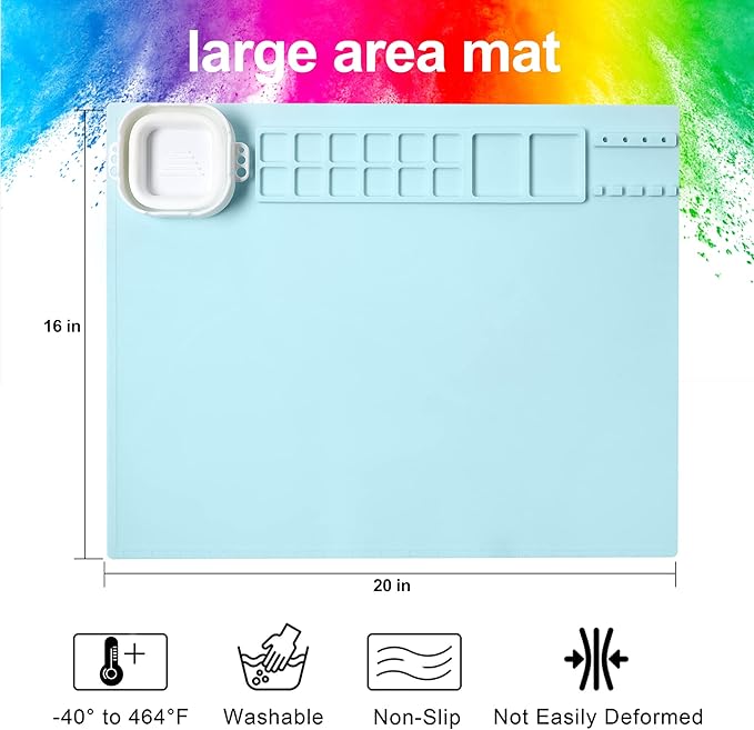 AWOKE Silicone Painting Mat - 20"X16" Silicone Art Mat with 1 Water Cup for Kids - Craft Mat has12 Color Dividers - 2 Paint Dividers (Blue),Toddler Activities,3 4 5 Year Old Girl Boy Birthday Gifts-CubbioJoy