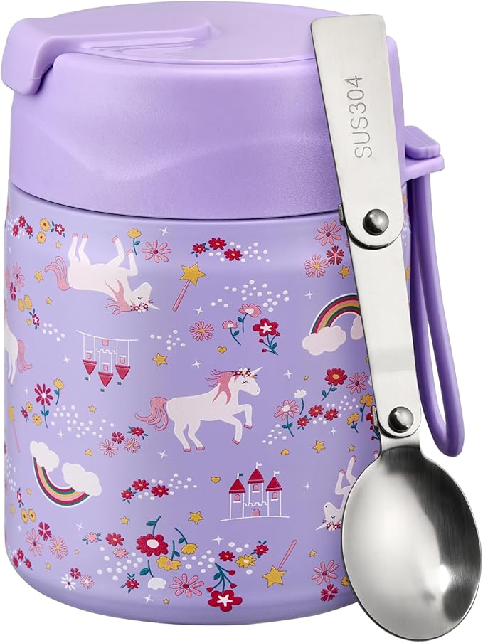 17oz Soup Thermo for Hot Food Kids Insulated Vacuum Food Jar with Stainless Steel Spoon Wide Mouth Thermo Leakproof Lunch Food Container Kids Hot Lunch Box (Purple-Horse)-CubbioJoy