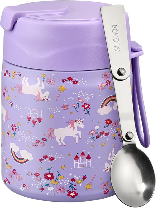 17oz Soup Thermo for Hot Food Kids Insulated Vacuum Food Jar with Stainless Steel Spoon Wide Mouth Thermo Leakproof Lunch Food Container Kids Hot Lunch Box (Purple-Horse)-CubbioJoy