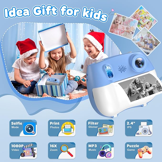 Instant Print Camera for Kids - Front Rear Dual Selfie Kid Print Camera, Fun Birthday Gift for Boys Ages 3-12, HD Digital Video Cameras, Easy to Use for Toddler - Blue-CubbioJoy