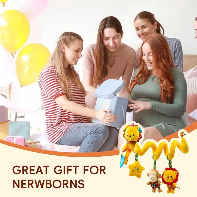 Jollybaby Crib Stroller Car Seat Toys for Baby 0-3-6-9-12 Months, Tummy Time Hanging Sensory Toys for Newborn with Music Box and Teether, Spiral Carseat Toy for Infant Boys Girls Gifts (Little Lion)-CubbioJoy