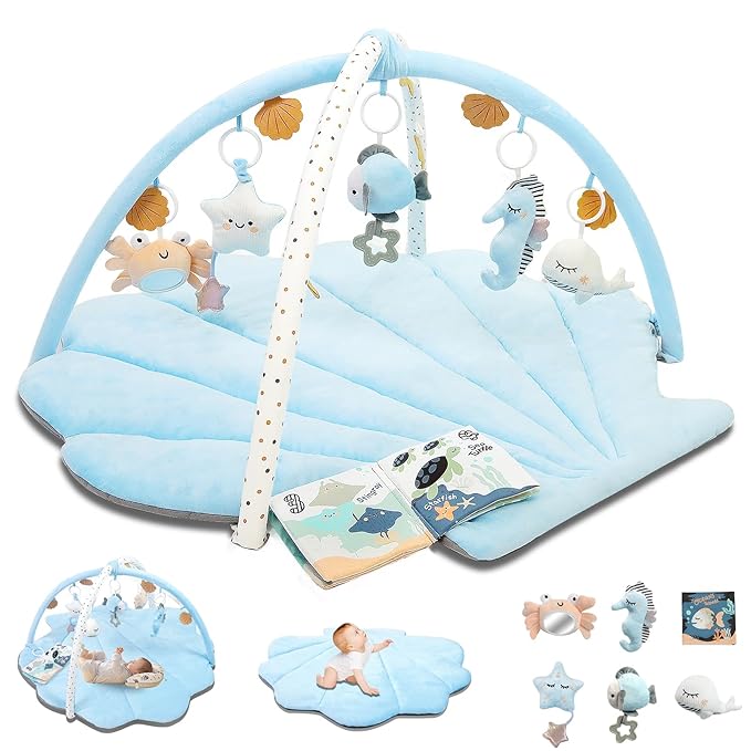 Baby Play Gym Mat, Oversize Tummy Time Activity Mat for Babies 0-6 Months, Shells Shaped Baby Play Mat with 6 Detachable Toys, Baby Mat for Floor Sensory Exploration Motor Skill Development (Blue)-CubbioJoy