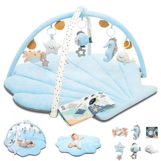 Baby Play Gym Mat, Oversize Tummy Time Activity Mat for Babies 0-6 Months, Shells Shaped Baby Play Mat with 6 Detachable Toys, Baby Mat for Floor Sensory Exploration Motor Skill Development (Blue)-CubbioJoy