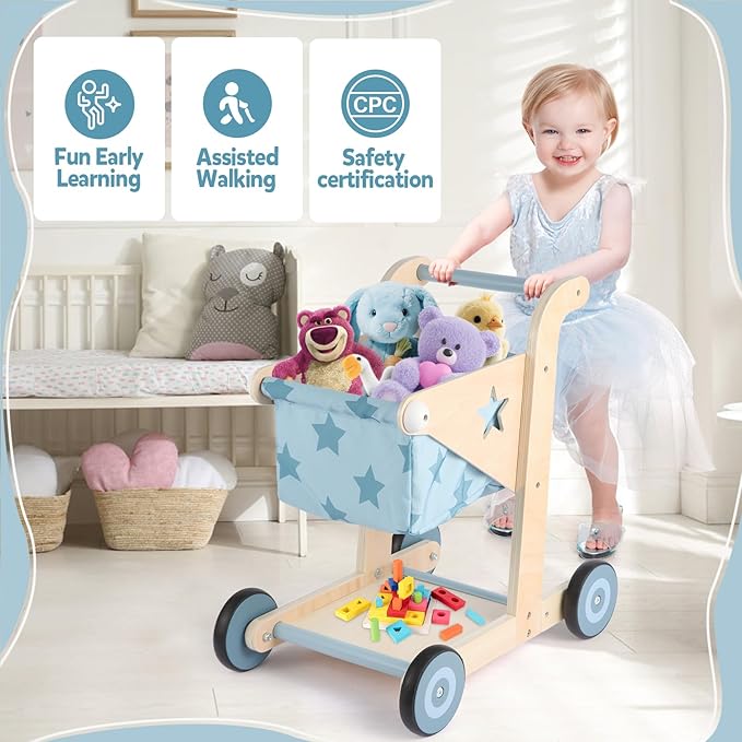 Asweets 2 in 1 Wooden Baby Walker Push and Pull Doll Stroller, Shopping Cart Learning Walker for Boys and Girls, Sit Stand Learning Toddler Toy (Blue)-CubbioJoy
