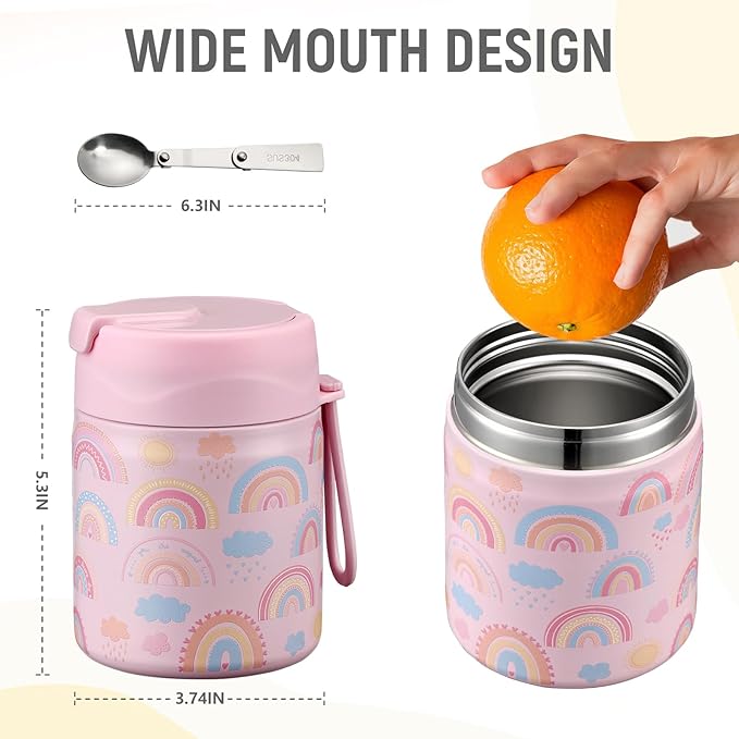 17oz Soup Thermo for Hot Food Kids Insulated Vacuum Food Jar with Stainless Steel Spoon Wide Mouth Thermo Leakproof Lunch Food Container Kids Hot Lunch Box (Pink-Rainbow)-CubbioJoy