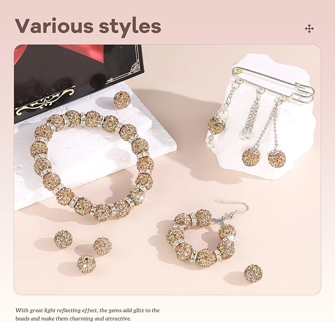 160pcs 10mm Rhinestone Beads for Jewelry Making, Light Brown Shiny Round Disco Ball Beads Bulk, Sparkle Crystal Clay Christmas for Bracelet Baseball Necklace Earring Crafting and DIY-CubbioJoy