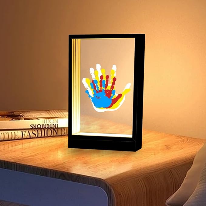 CHERRY CHEERS Family Handprint Kit with Light, Handprint Keepsake Frame, Wooden Led Light, Easy Install, No Need Screw etc, Non-Toxic Paints (Black)-CubbioJoy