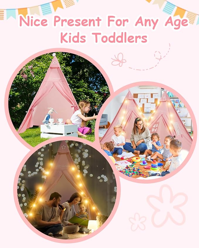 6 Pack Teepee Tent for Kids with Inflatable Airbed, Light, Toddler Tent Children Room Tents, Slumber Party Sleepover Tents, Indoor Outdoor Kids Playtent Playhouse for Girls & Boys-CubbioJoy