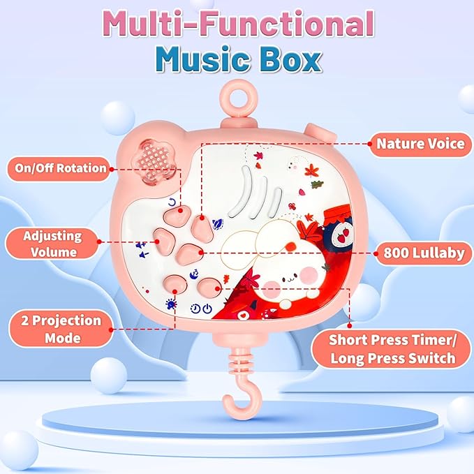 Baby Mobiles for Cribs, Crib Mobile with Music and Lights, Nursery Musical Mobile for Bassinets Hanging Toys with Remote Control, Rotation, Projection, Animal Mobile Arm Clip On for Infant Boys Girls-CubbioJoy