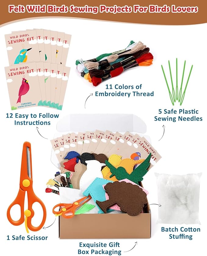 CiyvoLyeen Wild Birds Sewing Craft Kit Animal Sewing Kit for Boys and Girls Beginners Set of 12 Sewing Projects Gift for Kids-CubbioJoy