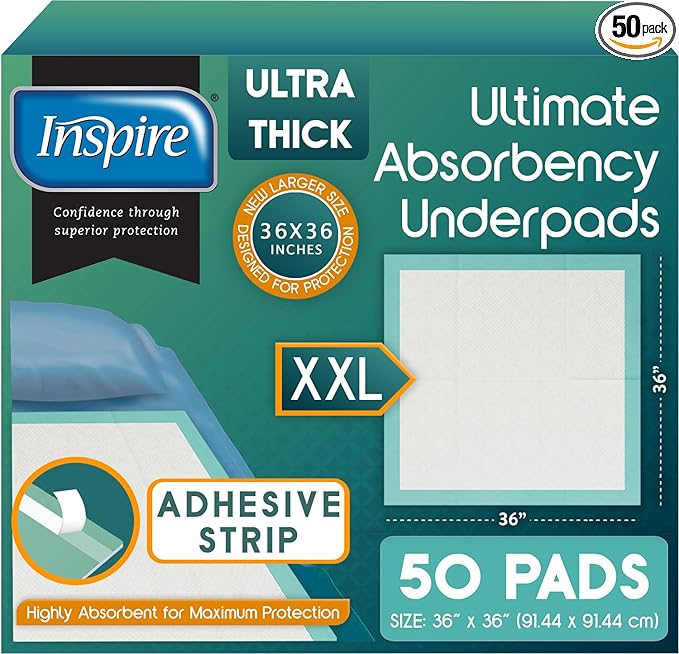 Inspire Extra Large Super Absorbent Disposable Bed Pads for Incontinence Ultra Thick and Absorbent Bed Pads Disposable Adult | Puppy Pads | Pee Pads for Adults (36" X 36" Pack of 50 W/ Adhesive)-CubbioJoy