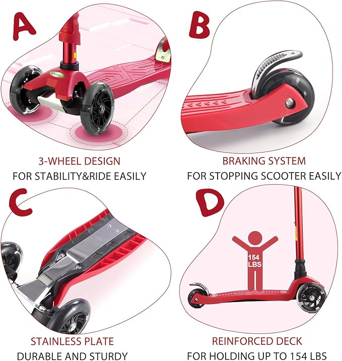 3 Wheel Scooter for Kids Ages 6-12,Kids Scooter with Light Up Wheels, Sturdy Deck Design, and 4 Height Adjustable Suitable for Kid Ages 3-12-CubbioJoy