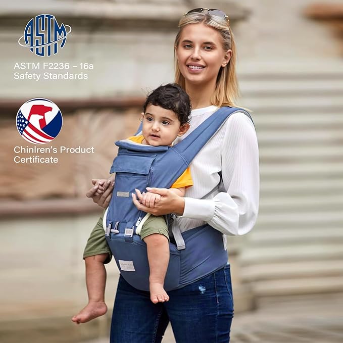 Baby Carrier, 3-in-1 Baby Carrier Newborn to Toddler with Hip Seat (Ergonomic M Position) for 0-36 Month/7-45lbs, Adjustable Size for Enhanced Lumbar Support, Perfect for On-The-go, Blue-CubbioJoy