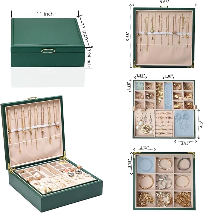 2-layer jewelry box，Jewelry Organizer with Handle，with hanging necklace hooks, detachable jewelry trays, suitable for storing a large amount of jewelry gift box (Large-Green)-CubbioJoy