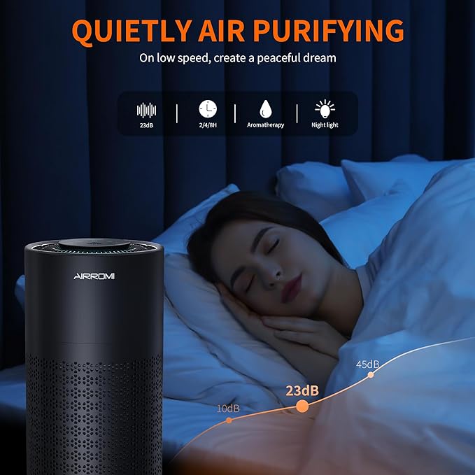 AIRROMI Air Purifier for Bedroom with HEPA 3-in-1 Filter, Pet Air Purifier for Home Cat Pee Smell, Covers Upto 990 Ft², Quiet 360°intake Air Cleaner for pet hair,allergies,Dust,Smoke A2001 Black-CubbioJoy