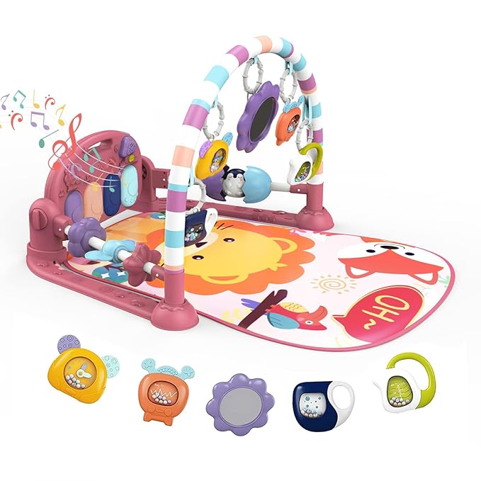 dearlomum Baby Play Mat Gym, Funny Play Piano Tummy Time Activity Mat with 5 Infant Sensory Toys, Music and Lights, Boy & Girl Gifts for Newborns 0 to 3 6 9 12 Months(New Pink)-CubbioJoy