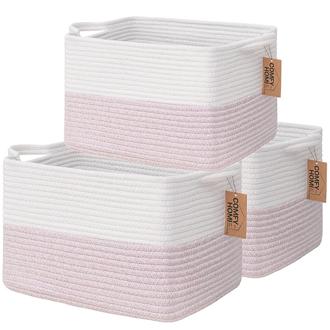 COMFY-HOMI 3PACK Cotton Rope Square baske with Handles for Shelves|Dog Toy baske Bin and Storage|Baby baske for Gift|Shoe baske for Organizing|13.5" x 11" x 9.5" for Living Room（White/Pink）-CubbioJoy