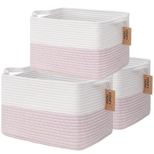 COMFY-HOMI 3PACK Cotton Rope Square baske with Handles for Shelves|Dog Toy baske Bin and Storage|Baby baske for Gift|Shoe baske for Organizing|13.5" x 11" x 9.5" for Living Room（White/Pink）-CubbioJoy