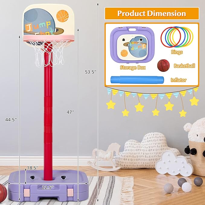 Costzon Kids Basketball Hoop, 2 in 1 Toddler Basketball Hoop Toy Set with Ring Toss & Storage Box for Boys Girls Baby, Portable Basketball Hoop Stand with Adjustable Height for Indoor Outdoor-CubbioJoy