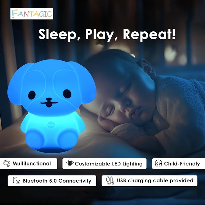 Combined Bluetooth Speaker & Nightlight With 9 Color Emissions, Child Friendly Silicone & BPA Free, USB Recharging, Receives Audio From Computer, Phone Or Tablet, and includes Remote Control (Dog)-CubbioJoy