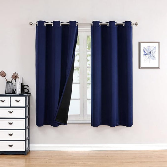 ChrisDowa 100% Blackout Curtains for Bedroom with Black Liner, 2 Thick Layers Total Blackout Thermal Insulated Grommet Small Window Curtains 2 Panels Set (Navy Blue, 42 x 45 Inch)-CubbioJoy