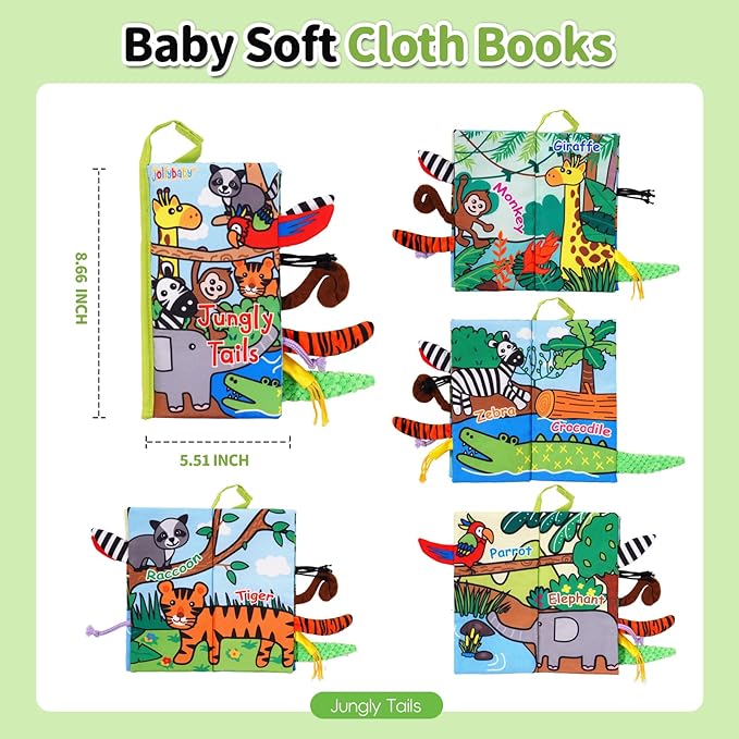 Jollybaby Crinkle Books for Babies, Sensory Soft Touch and Feel Baby Toys for 0-6 Months Infants, Newborn Montessori Early Educational Cloth Toys, Baby Girl & Boy Gift(Jungle Tails)-CubbioJoy
