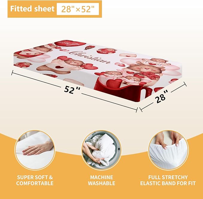 Custom Crib Bedding Set, 5 Pcs Personalized Name Nursery Bedding Set with Double Layer Flannel Blanket, Heart & Bear Baby Crib Set for Girls Boys, Customized Gifts for Infants Babies Toddlers-CubbioJoy