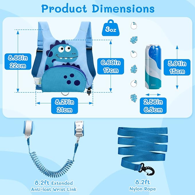 Dr.meter 3 in 1 Toddler Harness Leash + 8.2ft Anti Lost Wrist Link, Cute Dinosaur Kids Safety Harness with Key Lock, Child Walking Harness Assistant Strap for Outdoor Activity Travel-CubbioJoy