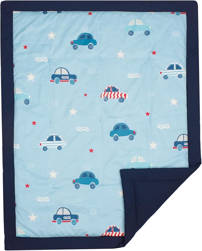 CaSaJa Baby 3-Piece Crib Bedding Set for Boys Girls, Including Soft Quilted Comforter(Blanket), Fitted Crib Sheet and Skirt, Soft Nursery Bedding Set Made of Silky Comfy Materials, Love Cars-CubbioJoy