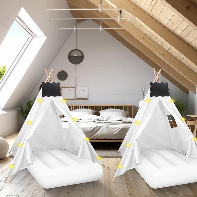 6 Pcs Kids Teepee Tent Bulk with Light String Inflatable Airbed Bedding Fitted Sheet and Markeable Small Blackboards for Boys Girls Indoor Outdoor Slumber Party (White)-CubbioJoy