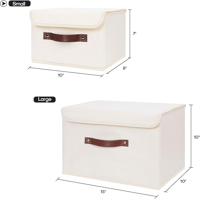ANMINY 2PCS Storage Bins with Lid PU Leather Handles Storage Boxes PP Plastic Board Decorative Foldable Lidded Cotton Linen Fabric Home Cubes Baskets Closet Organizer Containers - Beige, Small Size-CubbioJoy