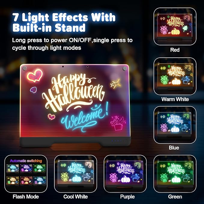 16-Inch Rechargeable Doodle Glow LED Note Board, 7-Color Light Modes, Neon Art Dry Erase Light Up Drawing Pad with Built-in Stand, Sketching Gift Toy for Kids/Girls/Teens, 5 Markers & Tracing Book-CubbioJoy