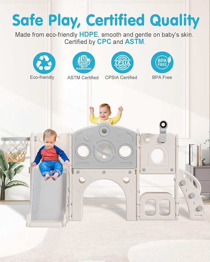 Babytronic Toddler Slide Set, 8 in 1 Kids Slide with Climber, Indoor Outdoor Slide for Toddlers Age 1-3, Toddler Playset with Basketball Hoop and Tunnel, Toddler Indoor Outdoor Playground (White&Gray)-CubbioJoy