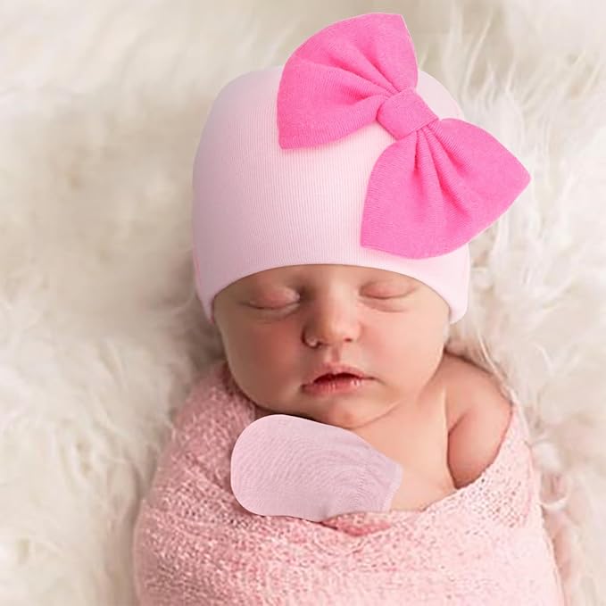 BQUBO Newborn Baby Hats Mittens Set Hospital Hat Beanie Infant Bow Hats Baby Gloves No Scratch Mittens for 0-6 Months-CubbioJoy