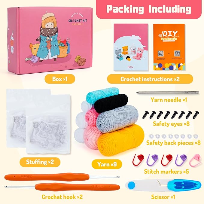 Crochet Kit for Beginners - Cat Crochet Kit with Step-by-Step Video Tutorials, Learn to Crochet Kits for Adults and Kids, 4 PCS Crochet Animals Cat with Hat, Toy, Fish Crocheting Set-CubbioJoy