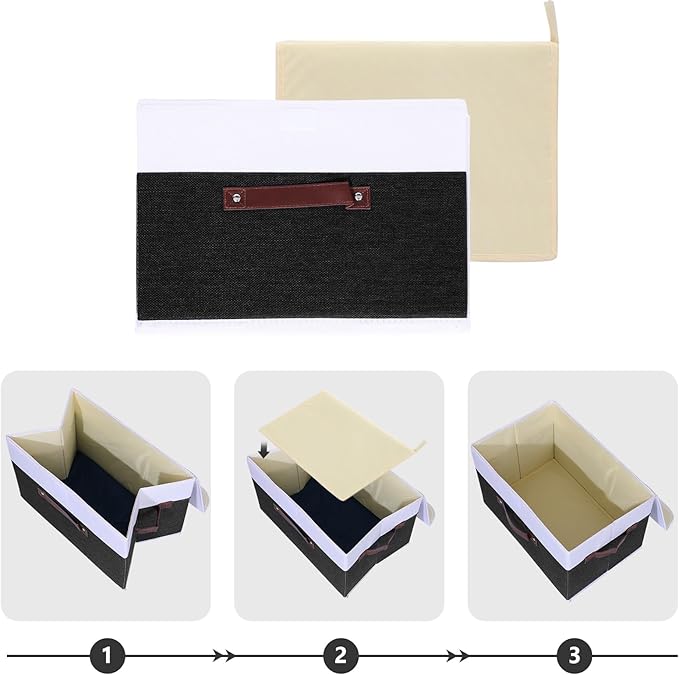 ANMINY Storage Boxes with Lids Washable Decorative Storage Bins Basket with PU Leather Handle Foldable Linen Fabric Storage Cubes Containers for Home Closet Organizer - Black White, Large Size-CubbioJoy