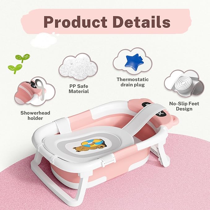 AVIDOR Baby Bathtub,Collapsible Bathtub for Newborn to Toddler,Durable Essential Infant Bath Tub,Portable Travel Baby Tub with Soft Cushion,No-Slip Hanging and Detachable(Pink)-CubbioJoy