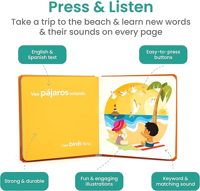 Binibi Spanish Books for Babies & Toddlers 1-3 The Beach Interactive Bilingual Sound Book with Fun Beach Sounds | Bilingual Children's Book | Spanish Learning for Kids-CubbioJoy