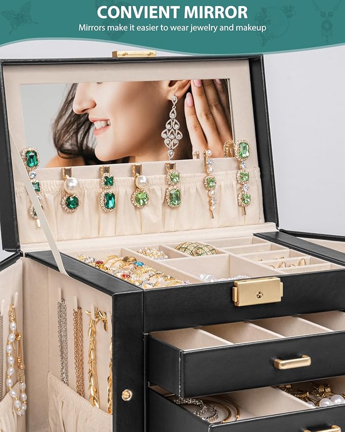 AKOZLIN Large 4-Tier Jewelry Box Leather Jewelry Storage Organizer with 3 Drawers Lockable for Women Girls Ring Necklace Earring Bracelet Watches Holder with Mirror Black-CubbioJoy