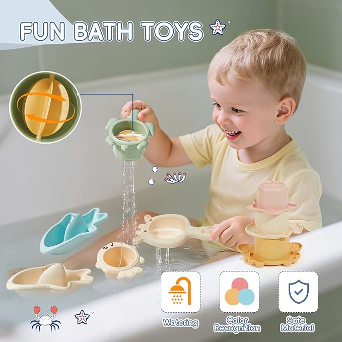 Bath Toys, 21PCS | Montessori Toys for Babies with Shapes for Sorting Play & Stacking Cups | Bath Boats & Spoon with Storage Container | Educational & Mold Free Bathtub Water Toys for Toddler Gifts-CubbioJoy