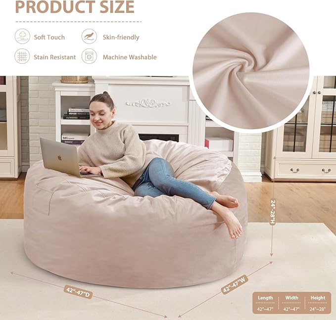 4FT Bean Bag Chair, Large Bean Bag Chairs with Memory Foam Filled, Fluffy Beanbag Sofa with Dutch Velvet Cover, Round BeanBag Chairs for Living Room, Playroom - Beige-CubbioJoy