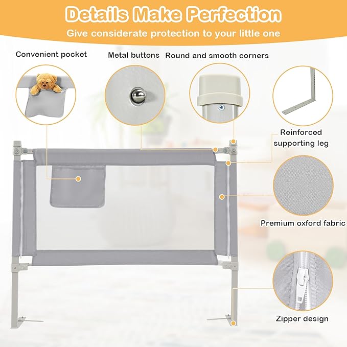 BABY JOY Bed Rail for Toddlers, 47''Long, Height Adjustable & Foldable Baby Bed Rail Guard w/Storage Pocket & Double Safety Child Lock for Kids Twin Double Full Size Queen King Mattress (Grey)-CubbioJoy