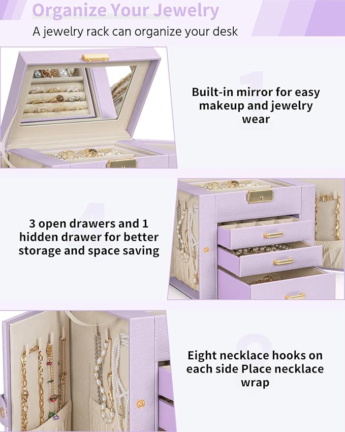 AKOZLIN 4-Tier Jewelry Box Leather Jewelry Storage Organizer with 3 Drawers Lockable for Women Girls Ring Necklace Earring Bracelet Holder with Mirror Purple-CubbioJoy