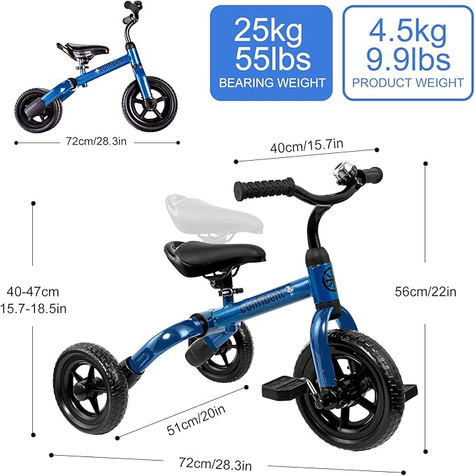 Ancaixin 3 in 1 Toddler Tricycles for 2-5 Years Old Boys and Girls with Detachable Pedal and Bell, Foldable Baby Balance Bike Riding Toys for 2+ Kids, Child Birthday Christmas New Year Gift Blue-CubbioJoy