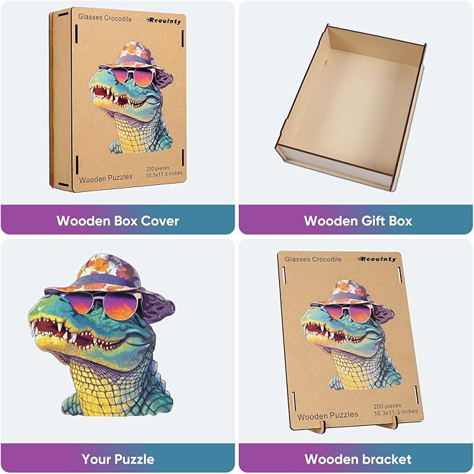 Cool Wooden Puzzle for Adults 500 Piece, Glasses Crocodile Wooden Jigsaw Puzzles, Beautiful Wooden Puzzle with Box Birthday Gifts for Adults and Kids Family Game(16 * 17.6in)-CubbioJoy