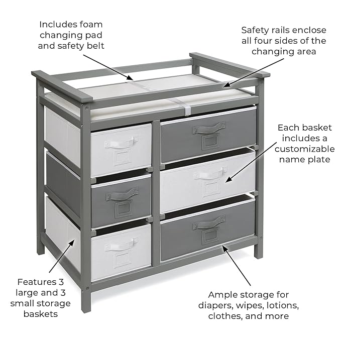 Badger Basket Modern Baby Changing Table - Diaper Station Organizer with 6 Storage Drawers, Reversible Baskets, Safety Rails - Baby Nursery Furniture with Changing Pad and Belt - Gray-CubbioJoy