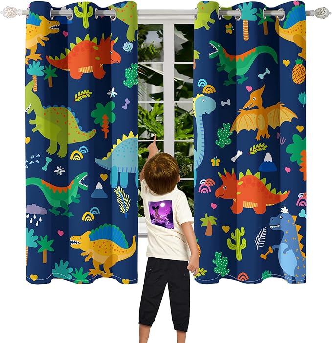 Dinosaur Blackout Curtains 2 Panels 63" Inch Drapes Boys Curtains for Bedroom Cute Dinosaur Themed Grommet Top Thermal Insulated Boys Room Curtains for Nursery, Navy Blue, 82" x 63"-CubbioJoy